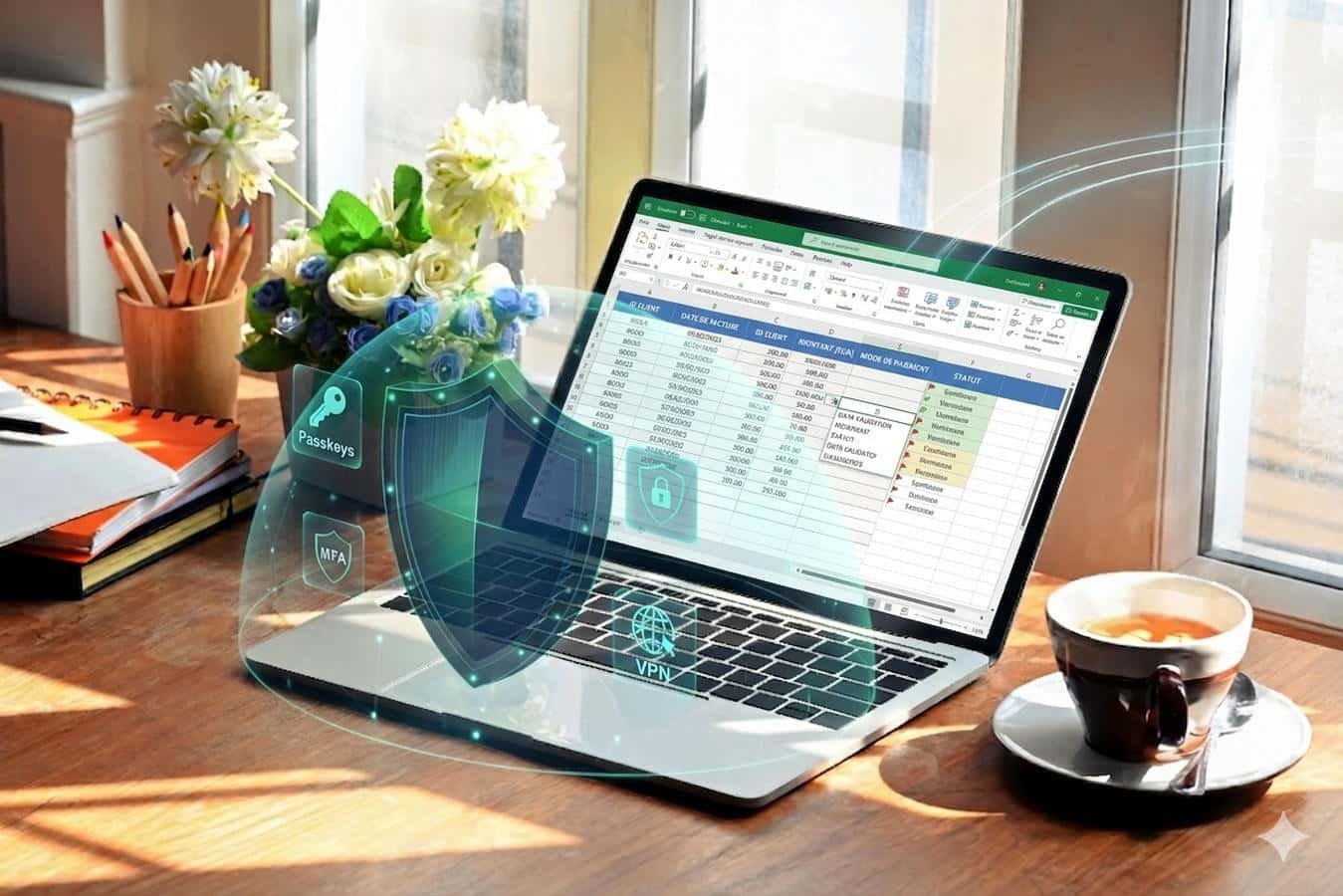 Ordinateur portable affichant un tableur avec protection par réalité augmentée dans un espace de coworking pour illustrer la cybersécurité des indépendants