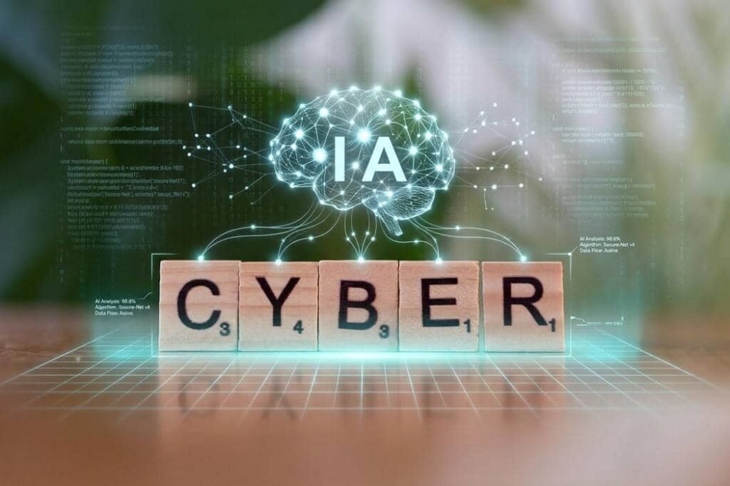 Lettres en bois de Scrabble formant le mot CYBER sur une table, avec une incrustation numérique de circuits imprimés lumineux et le mot IA, illustrant la convergence entre intelligence artificielle et cybersécurité.